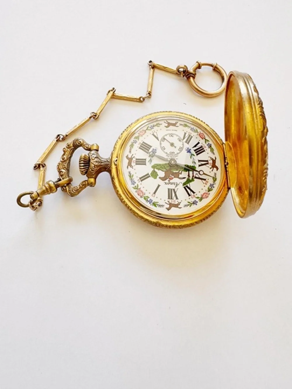 Vintage Arnex Swiss Pocket Watch Horse Racing Dial 17 Jewels 1/20 12K GF Chain